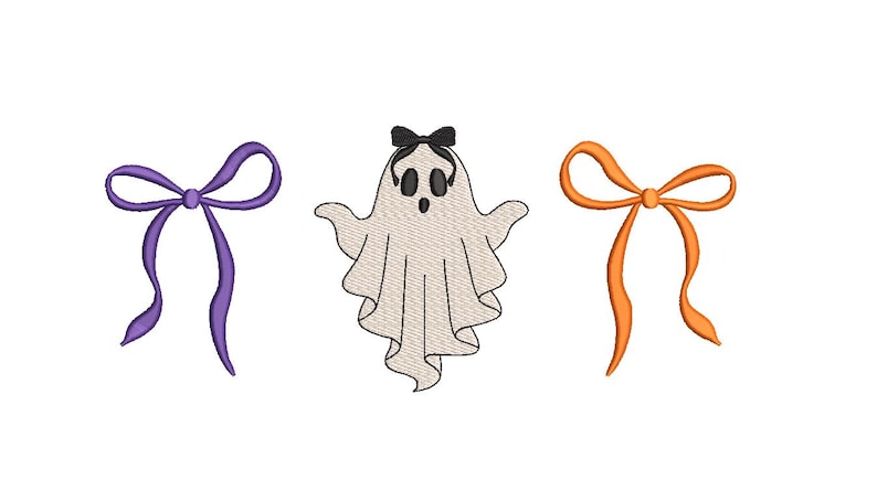 May include: An embroidered design featuring a ghost and two bows. The ghost is white with a black bow and eyes. One bow is purple, and the other is orange. All elements are on a white background.