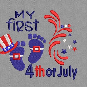 May include: Blue baby footprints with a red, white, and blue Uncle Sam hat and the text "My first 4th of July". A red, white, and blue firework design is on the right side of the image.