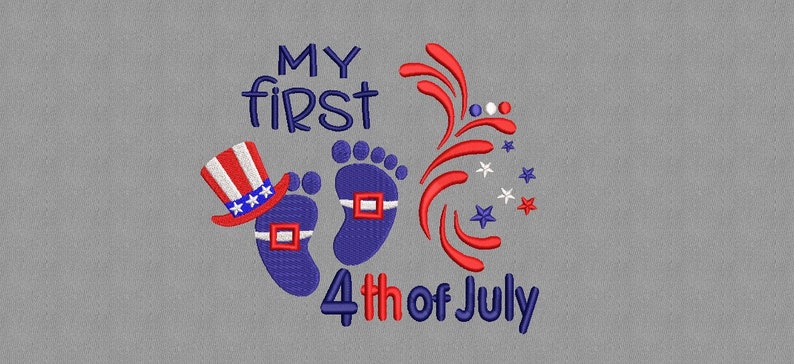 May include: Blue baby footprints with a red, white, and blue Uncle Sam hat and the text "My first 4th of July". A red, white, and blue firework design is on the right side of the image.