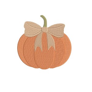 May include: An embroidered pumpkin with a beige bow and green stalk. The pumpkin is orange and has a textured appearance. The bow is tied at the top of the pumpkin.