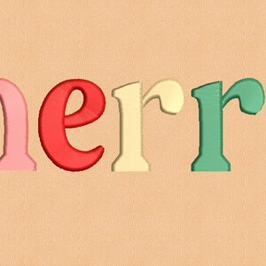 May include: The word "merry" is spelled out in colorful, stylized letters. Each letter is a different color: pink, red, yellow, green, and light green.