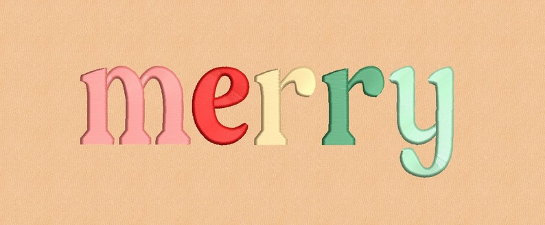 May include: The word "merry" is spelled out in colorful, stylized letters. Each letter is a different color: pink, red, yellow, green, and light green.