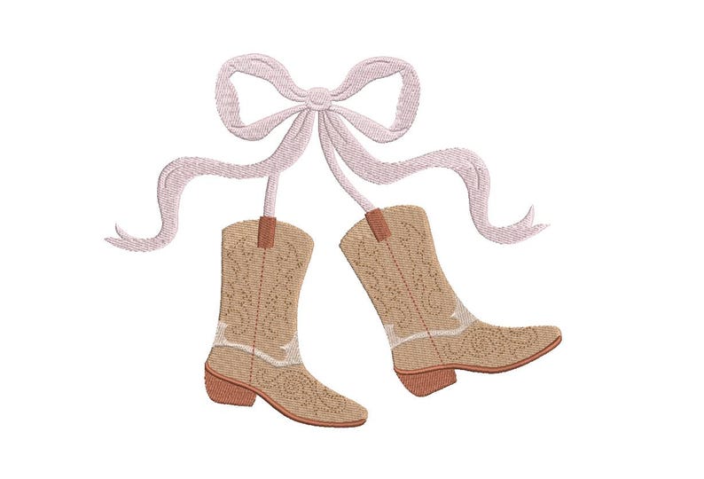 May include: An embroidered design featuring two tan cowboy boots with decorative stitching, suspended from a light pink bow and ribbons. The boots have brown heels and accents. The design is on a white background.