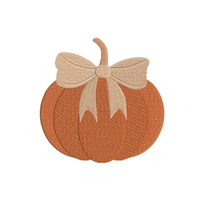 May include: An embroidered orange pumpkin with a beige bow. The pumpkin has a curved stem and is a fall-themed design. The bow is tied at the top of the pumpkin.