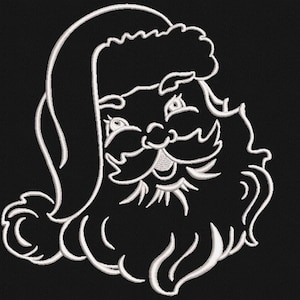 May include: A white outline of Santa Claus's face with a white hat and beard against a black background.