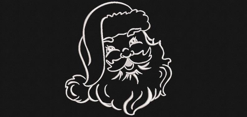 May include: A white outline of Santa Claus's face with a white hat and beard against a black background.