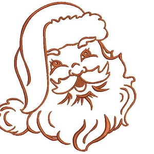 May include: A line drawing of Santa Claus's face with a white beard and a red hat. The drawing is in a brown color.