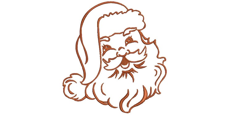 May include: A line drawing of Santa Claus's face with a white beard and a red hat. The drawing is in a brown color.