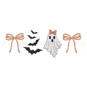 May include: An embroidery design featuring two peach-colored bows on the far left and right, a vertical column of four black bats in the center, and a white ghost with a peach-colored bow on its head positioned between the bats and the right bow.