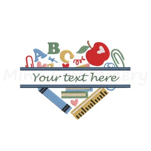 Op de afbeelding: Een hartvormig ontwerp met elementen met een schoolthema. Het bevat een rode appel, ABC-letters, een liniaal, een kleurpotlood en de tekst "Your text here". Het ontwerp is in verschillende kleuren op een witte achtergrond.