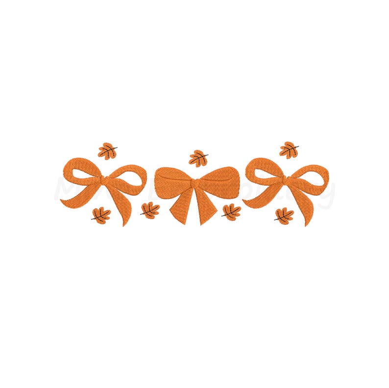 May include: Three orange bows with embroidered details and small leaves are arranged horizontally against a white background. The bows are evenly spaced, and the leaves are scattered around them, creating a decorative border.