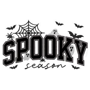 May include: An embroidery design featuring the black text SPOOKY in a bold varsity font and the word season in a cursive script. The design includes a spider web, several black bats, two spiders, and two white ghosts with black eyes and mouths.