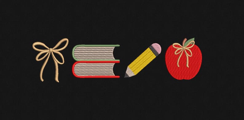 May include: An embroidered design featuring a gold bow, two books with green and red covers, a yellow pencil with a pink eraser, and a red apple with a bow. The design is on a black background.