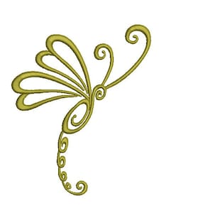 Puede incluir: Un dise&ntilde;o de lib&eacute;lula estilizado de color dorado con detalles intrincados.
