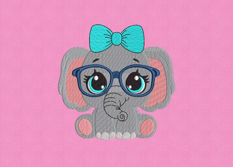 Baby Girl Elephant Embroidery Design, Cute Girl Elephant With Glasses