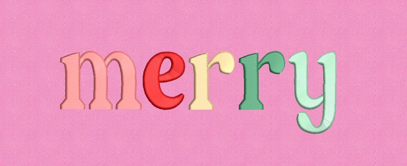 May include: The word "merry" in colorful, stylized lettering on a pink background.