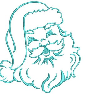 May include: A line drawing of Santa Claus's face with a white beard and a red hat. The drawing is in a turquoise blue color.