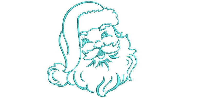 May include: A line drawing of Santa Claus's face with a white beard and a red hat. The drawing is in a turquoise blue color.