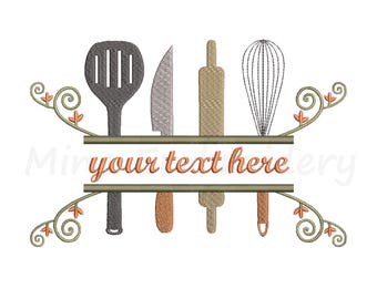 May include: Embroidered design featuring a spatula, knife, rolling pin, and whisk with a banner that says "your text here". The design is framed by two stylized floral vines.