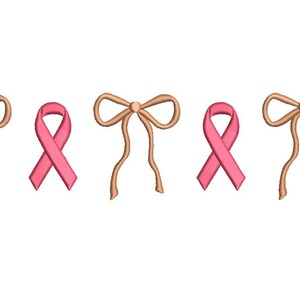 May include: An embroidered design featuring alternating tan bows and pink awareness ribbons, arranged horizontally against a white background. The ribbons and bows are detailed with subtle shading, creating a three-dimensional effect.