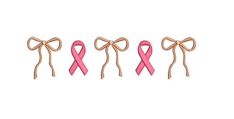 May include: An embroidered design featuring alternating tan bows and pink awareness ribbons, arranged horizontally against a white background. The ribbons and bows are detailed with subtle shading, creating a three-dimensional effect.
