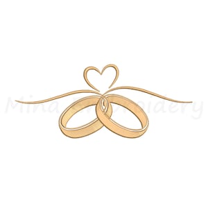 May include: An embroidery design featuring two interlocking gold rings positioned side by side. Above the rings, a single continuous gold line forms a heart shape, with two curved lines extending outward from the centre to the left and right sides.