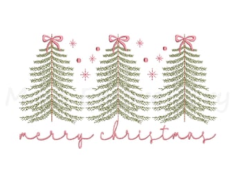 May include: An embroidery design featuring three green pine trees, each topped with a pink bow. The trees are surrounded by small pink dots and star-shaped accents. Below the trees, the text merry christmas is written in pink script.