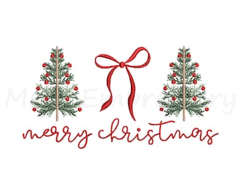 May include: An embroidery design featuring two green pine trees decorated with small red ornaments, centered by a red ribbon bow. Below the trees and bow, the text "merry christmas" is written in a red, cursive, stitched font style.