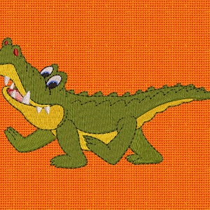 May include: A cartoon green crocodile with a yellow belly and white teeth is walking on an orange background.