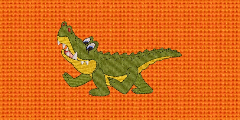 May include: A cartoon green crocodile with a yellow belly and white teeth is walking on an orange background.