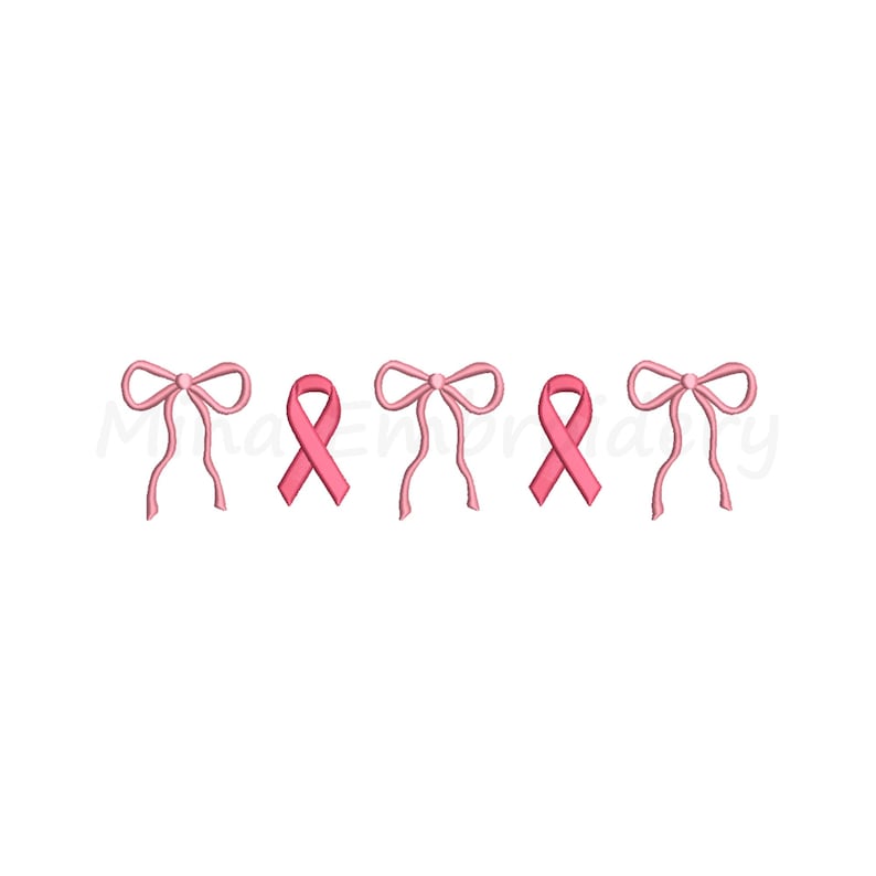 May include: A row of pink ribbon designs, alternating between bow shapes and awareness ribbons. The designs are set against a clean white background, suitable for embroidery or digital art projects.