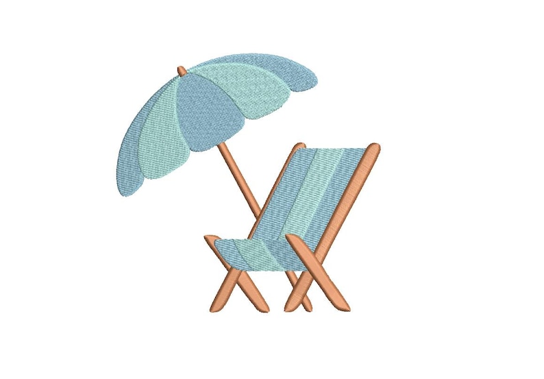 Op de afbeelding: Geborduurd ontwerp van een strandsc&egrave;ne met een blauw-groen gestreepte strandstoel en een bijpassende parasol. De stoel en parasol hebben houten frames, perfect voor de zomer.