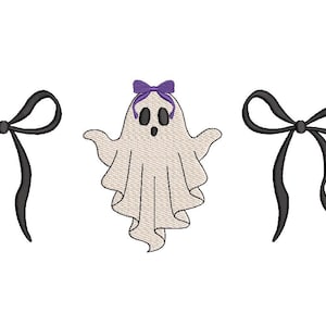 May include: An embroidered design featuring a friendly ghost with a purple bow, flanked by two black bows. The ghost has a simple, open-mouthed expression. The design is set against a white background.