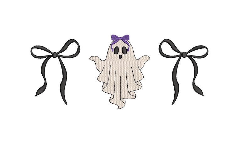 May include: An embroidered design featuring a friendly ghost with a purple bow, flanked by two black bows. The ghost has a simple, open-mouthed expression. The design is set against a white background.