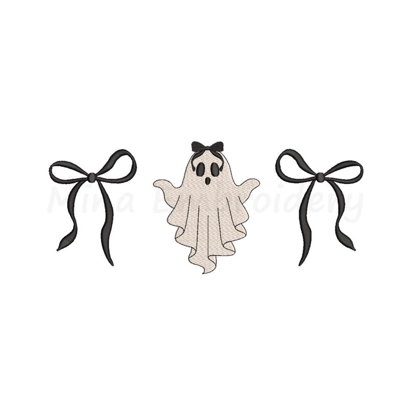 May include: An embroidered design featuring a central ghost with a black bow, flanked by two black bows. The ghost has a light beige body and black eyes and mouth. The bows are black with long, flowing tails. The design is on a white background.