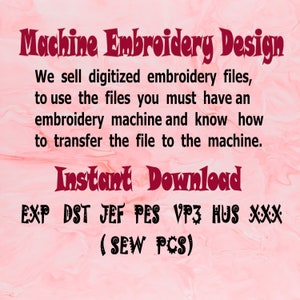 Puede incluir: Archivos de dise&ntilde;o de bordado a m&aacute;quina para descargar en los formatos EXP, DST, JEF, PES, VP3, HUS y XXX. El texto dice "Descarga instant&aacute;nea (SEW PCS)".