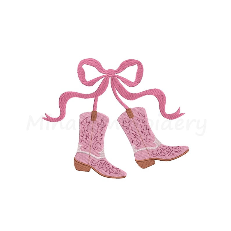 May include: Pink embroidered cowboy boots with a pink bow. The boots have a white trim and brown heels. The design is on a white background. The boots are decorated with a floral pattern.