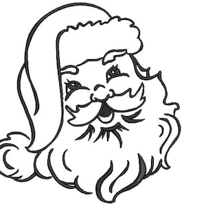 May include: A black and white line drawing of Santa Claus's face with a jolly expression. He is wearing a hat with a fur trim.