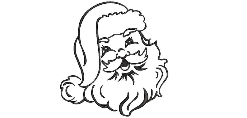 May include: A black and white line drawing of Santa Claus's face with a jolly expression. He is wearing a hat with a fur trim.