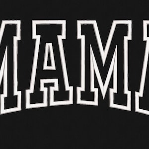 May include: Black background with the white embroidered word "MAMA" in a bold, collegiate-style font. The letters are outlined, creating a 3D effect. The design is simple yet eye-catching.