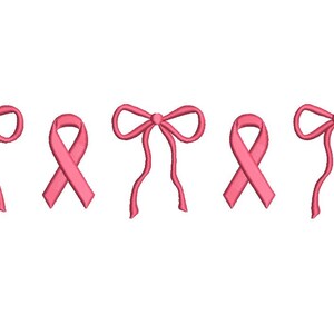 May include: Pink ribbon and bow embroidery designs on a white background. The image features alternating designs of a pink ribbon and a pink bow. The bows have long, flowing tails. The ribbons are in a loop shape.