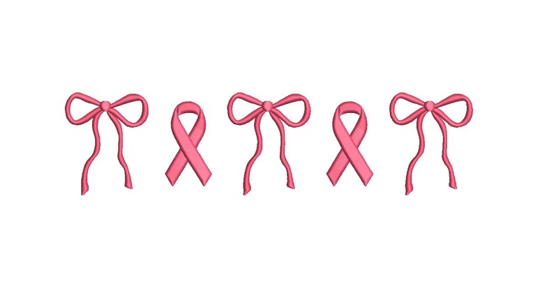 May include: Pink ribbon and bow embroidery designs on a white background. The image features alternating designs of a pink ribbon and a pink bow. The bows have long, flowing tails. The ribbons are in a loop shape.