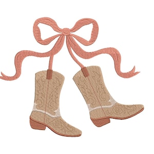 May include: An embroidered design featuring two cowboy boots with intricate detailing, suspended from a peach-colored bow. The boots are tan with white accents and a decorative pattern. A charming country-western theme.