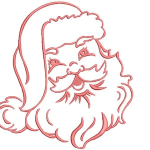 May include: A line drawing of Santa Claus's face with a red outline. The drawing shows Santa's hat, beard, and mustache.