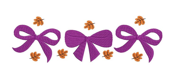 May include: An embroidered design featuring three purple bows and scattered orange leaves. The bows are detailed with stitched textures, and the leaves have a simple, stylized appearance. The design is set against a clean white background.