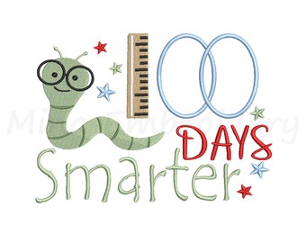 100 Days Smarter Embroidery Design, Bookworm Embroidery Design, School Pattern, Machine Embroidery Design, 5 Sizes, Instant Download