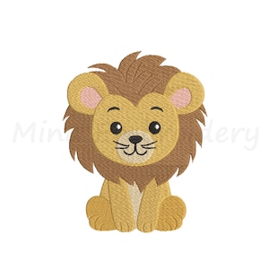 Könnte beinhalten: Eine Cartoon-Illustration eines braunen und gelben Löwen mit einer braunen Mähne, der mit gekreuzten Pfoten sitzt. Der Löwe hat eine rosa Nase und rosa Ohren.