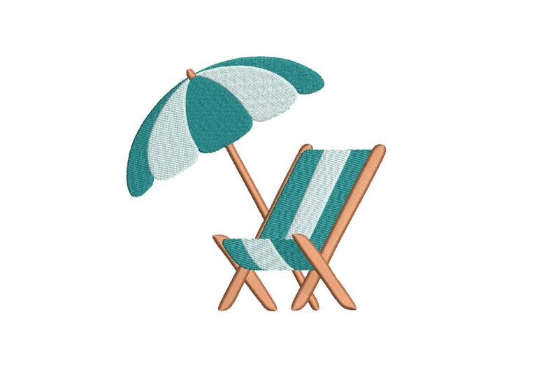 Op de afbeelding: Een geborduurd ontwerp van een strandsc&egrave;ne met een turquoise en wit gestreepte strandstoel en bijpassende parasol. De parasol is open en de stoel staat in een achteroverleunende positie, wat ontspanning en vrije tijd suggereert.