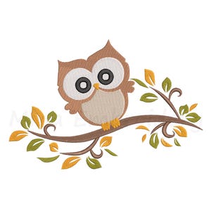May include: A brown owl with large eyes sits on a branch with green and yellow leaves.