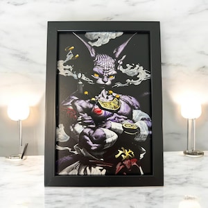 May include: A framed print of a purple and black anime character with yellow eyes and a gold necklace. The character is standing with their arms crossed and has a serious expression.